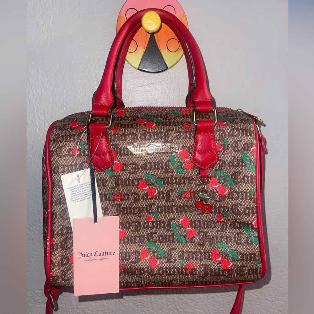 Juicy Couture Red Cherry Chestnut Chino Fruit Satchel With Crossbody Strap Bag